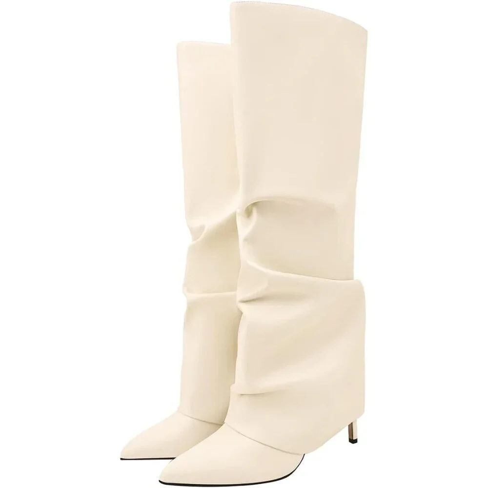 Women's White Knee High Fold Over Wide Calf Pointed Toe Long Heel Boot